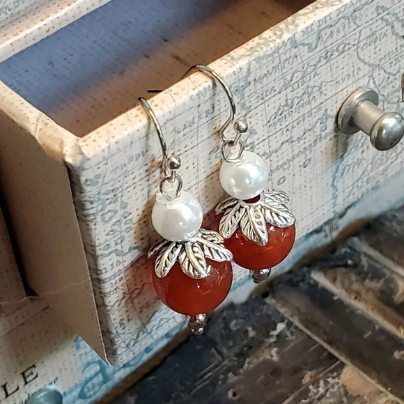 Handcrafted Red Carnelian Gemstone White Faux Pearl Silver Dangle Earrings - Picture 2 of 9
